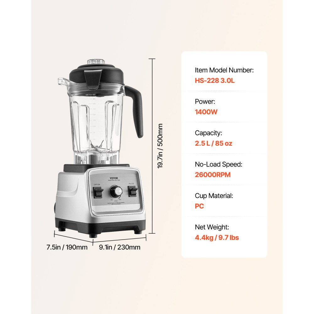 VEVOR Blender for Smoothies, 85 oz 1400W, Professional Blender with Powerful Motor, Multi-Functional Food Processing Blender with 2 Cups for Smoothie/Milkshake/Juice, Fits for Kitchen