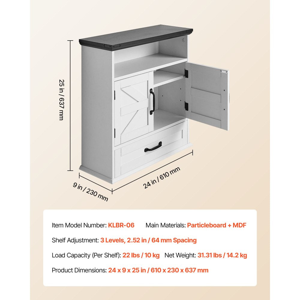 VEVOR Bathroom Wall Cabinet, 2 Doors & Adjustable Shelf, Over the Toilet Storage Medicine Cabinet Wall Mounted, Hanging Organizer with Drawer & Open Partition for Laundry Room Kitchen Restroom, White