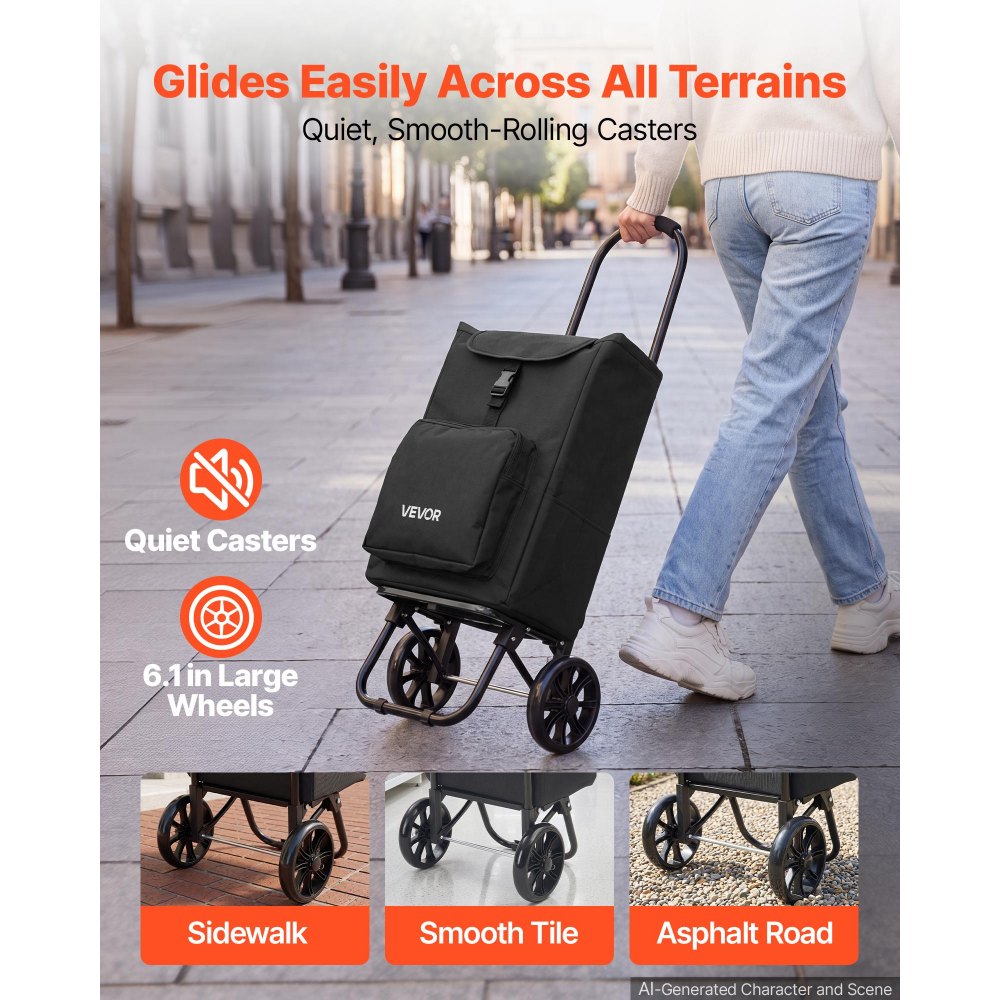 VEVOR Shopping Cart with Wheels Foldable Trolley Dolly for Groceries Black, 2-in-1 Rolling Utility Cart with Detachable Bag, Soft Foam Handle, Storage Compartments, Compact for Market Laundry Camping