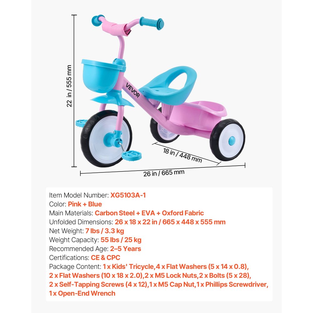 VEVOR Toddler Tricycle for 2-5 Year Old, Kids Trike with Adjustable Seat, Storage Basket, Carbon Steel Frame, Handlebar Grips for Outdoor Play, Tricycle for Toddlers, Birthday Toy for Boys and Girls