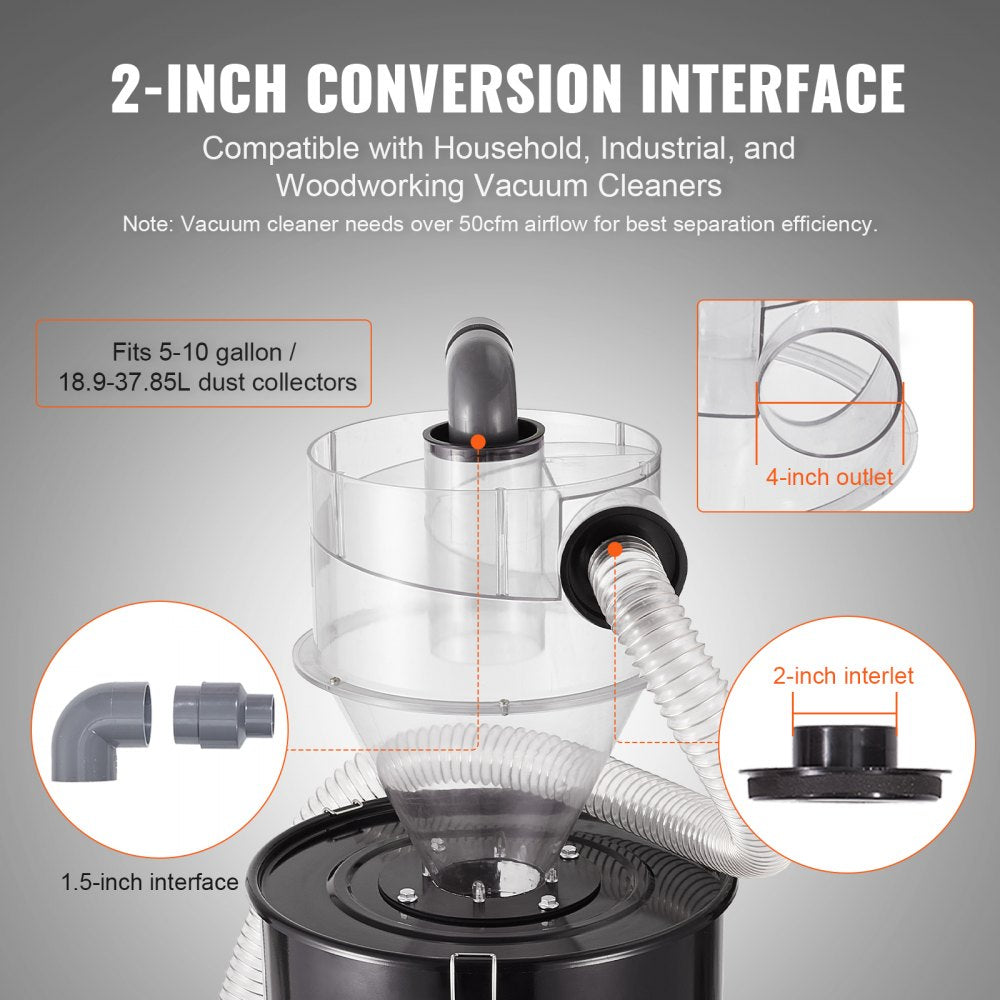 VEVOR Cyclone Dust Separator, 4" Retrofit Cyclone Separator for Dust Collectors, ABS Dust Deputy With 2" Hole O.D. Connector & Hose for Wet/Dry Shop Vacuums, Fits 5-10 Gallon Tank (Tank Exclude)