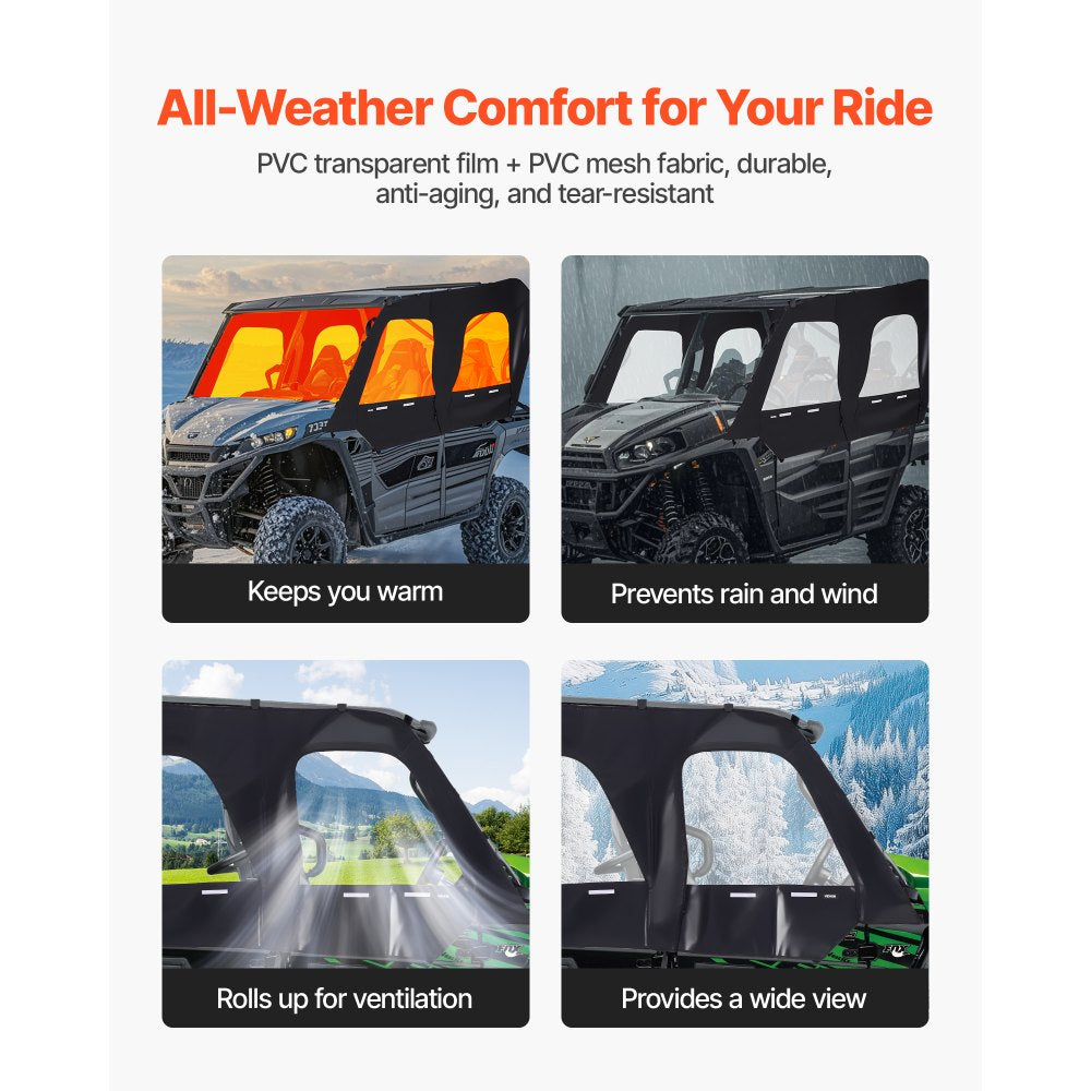 VEVOR Cab Enclosure Upper Doors, Compatible with Kawasaki Teryx4 2012-2022, Soft Upper Doors, Windproof & Waterproof Upgraded Zipper UTV Soft Side Window Kit, Work with Roof and Partial Windshields
