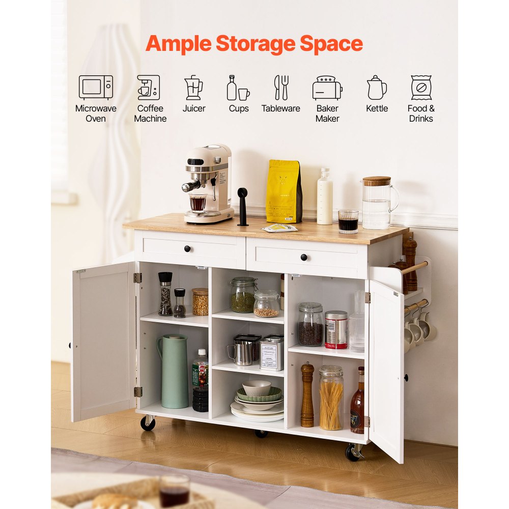 VEVOR Kitchen Island Cart, with Solid Wood Top and Storage Cabinet, Mobile Rolling Table with Drop Leaf, Drawers, Spice Towel Rack, Portable Islands on Swivel Wheels for Dining Room, 52in Width, White