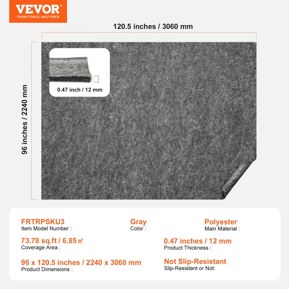 VEVOR Rug Pad Without Slip Resistance, Protective Cushioning Carpet Pad, 8' x 10', 1/2"Thick, 100% Pure Polyester Felt, 7-8㎡ Premium Comfort Underfoot Carpet Padding Rug Cushion for All Floors, Gray