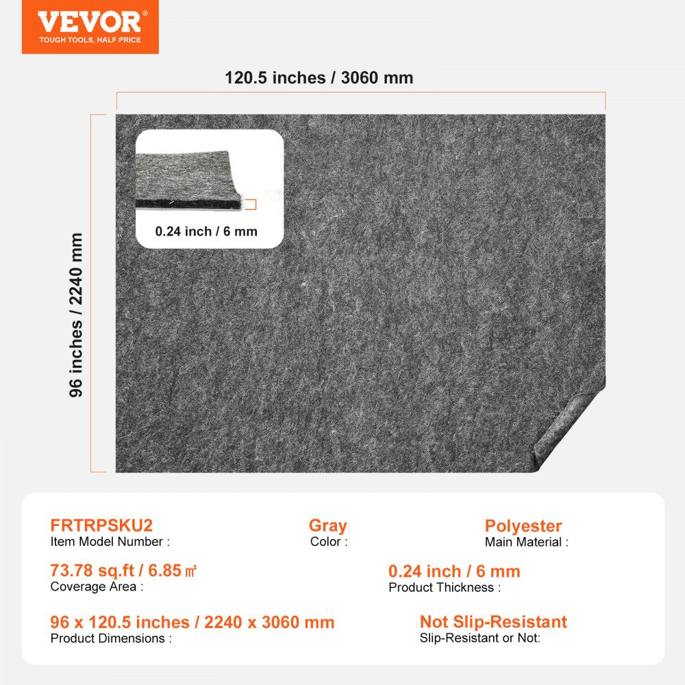 VEVOR Rug Pad Without Slip Resistance, Protective Cushioning Carpet Pad, 8' x 10', 1/4"Thick, 100% Pure Polyester Felt, 7-8㎡ Premium Comfort Underfoot Carpet Padding Rug Cushion for All Floors, Gray