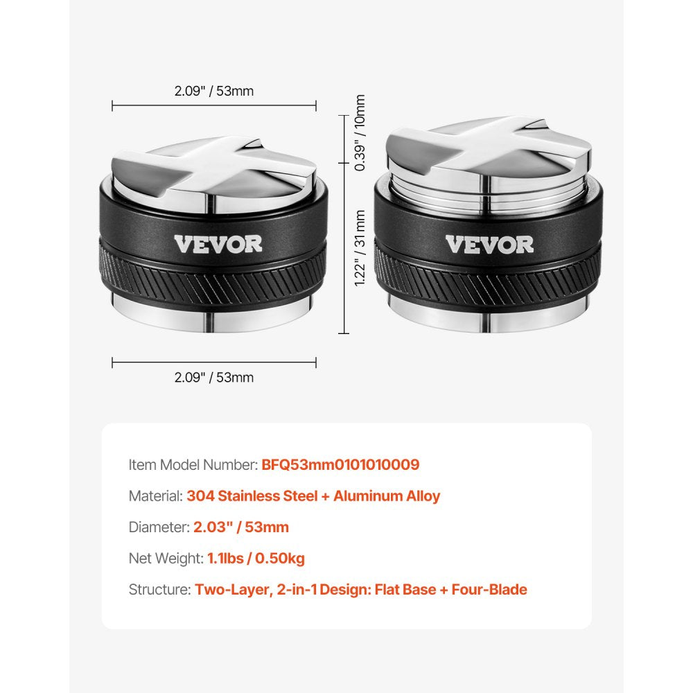 VEVOR Coffee Distributor 53mm, 2-in-1 Adjustable Espresso Distributor with Fan-Shaped Base, Coffee Distributor 304 Stainless Steel with Easy-to-Disassemble Design