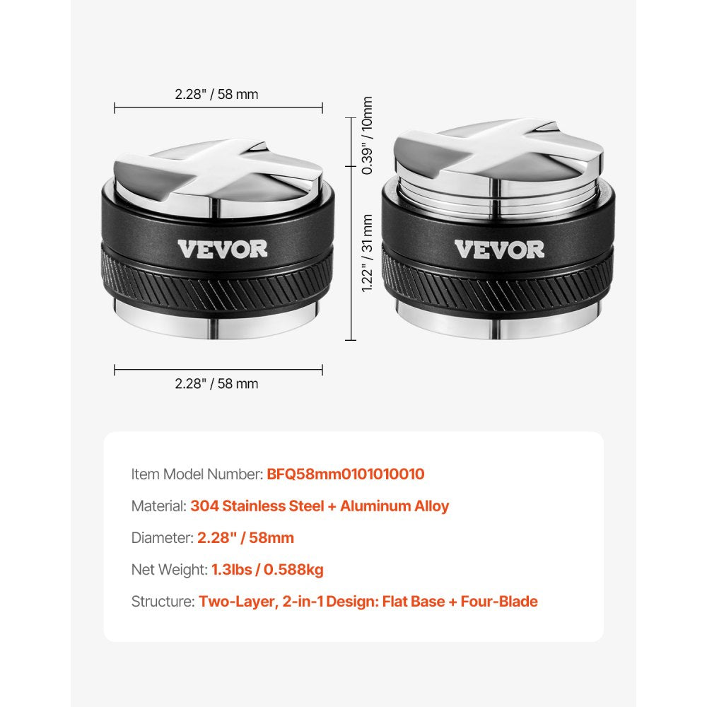 VEVOR Coffee Distributor 58mm, 2-in-1 Adjustable Espresso Distributor with Fan-Shaped Base, Coffee Distributor 304 Stainless Steel with Easy-to-Disassemble Design