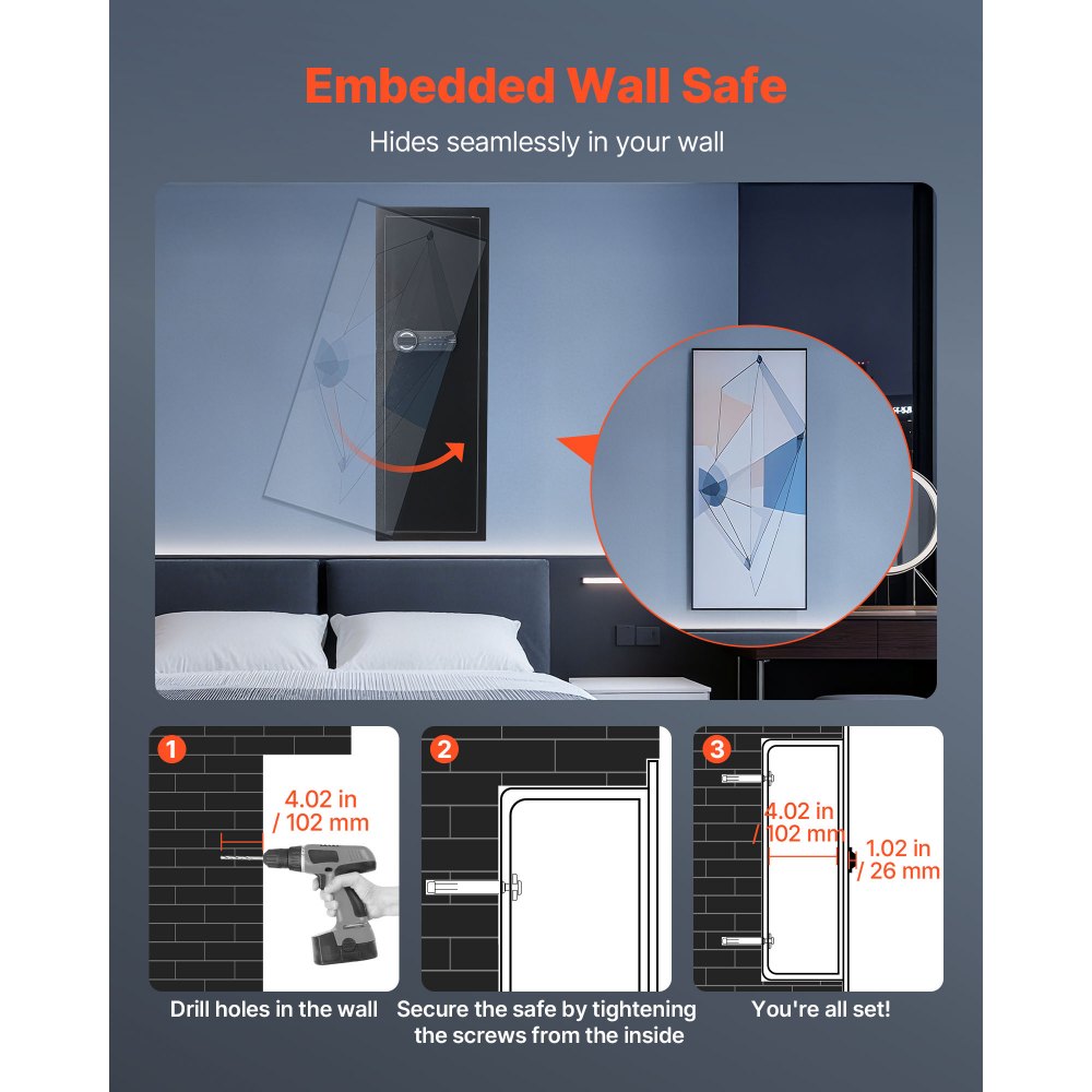 VEVOR Wall Safe, 4-Tier Hidden Wall Mounted Gun Safe with Password & Key, Q235 Cold-Rolled Steel In-Wall Box with LED Lighting, 3 Adjustable Shelves & Key Holders for Money, Jewelry, Passport, Black
