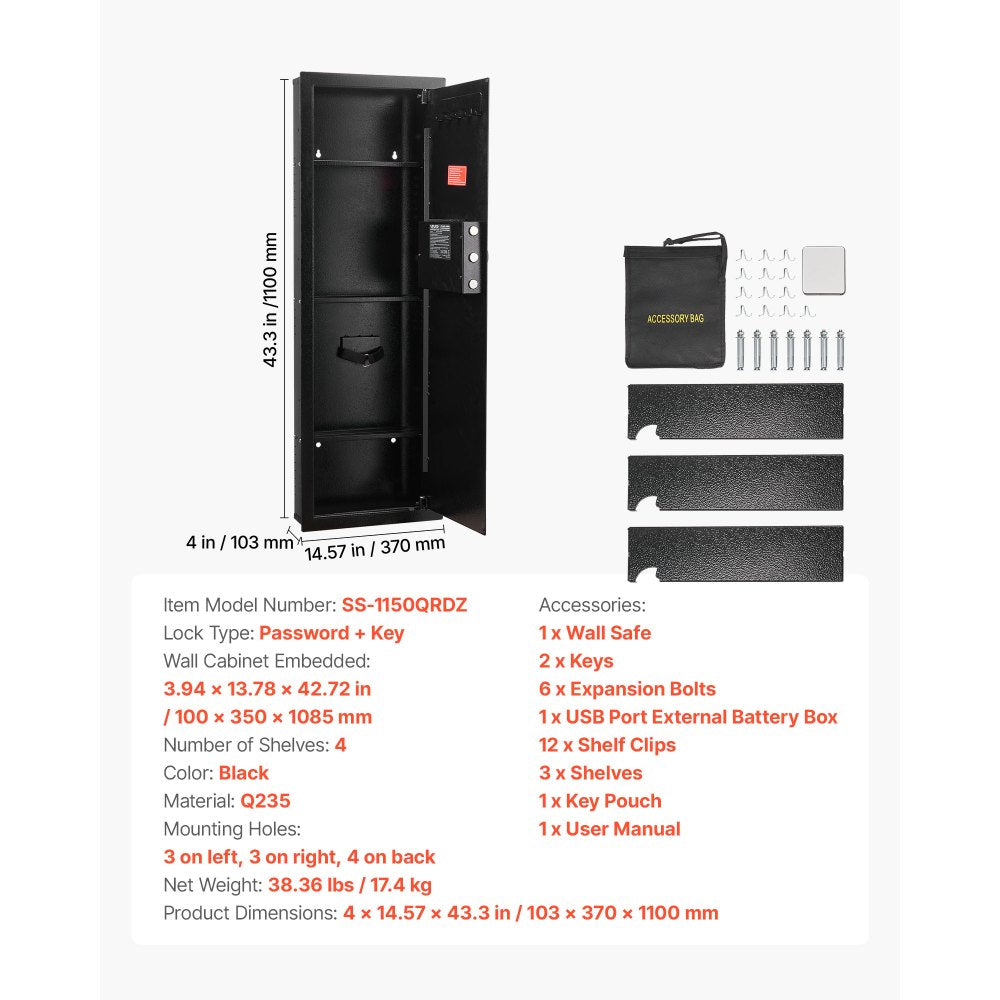 VEVOR Wall Safe, 4-Tier Hidden Wall Mounted Gun Safe with Password & Key, Q235 Cold-Rolled Steel In-Wall Box with LED Lighting, 3 Adjustable Shelves & Key Holders for Money, Jewelry, Passport, Black