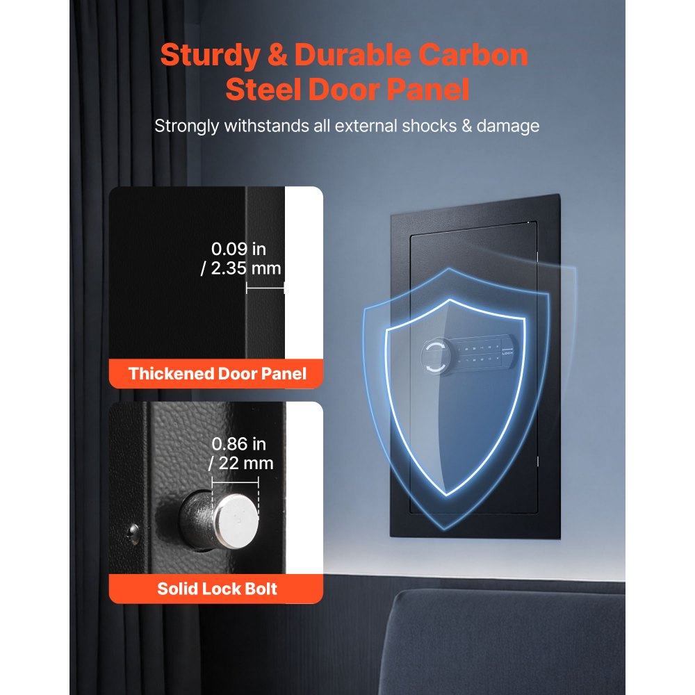 VEVOR Wall Safe, 3-Tier Hidden Wall Mounted Safe with Password & Key, Q235 Cold-Rolled Steel In-Wall Box with LED Lighting, 2 Adjustable Shelves & 5 Key Holders for Money, Jewelry, Passport, Black