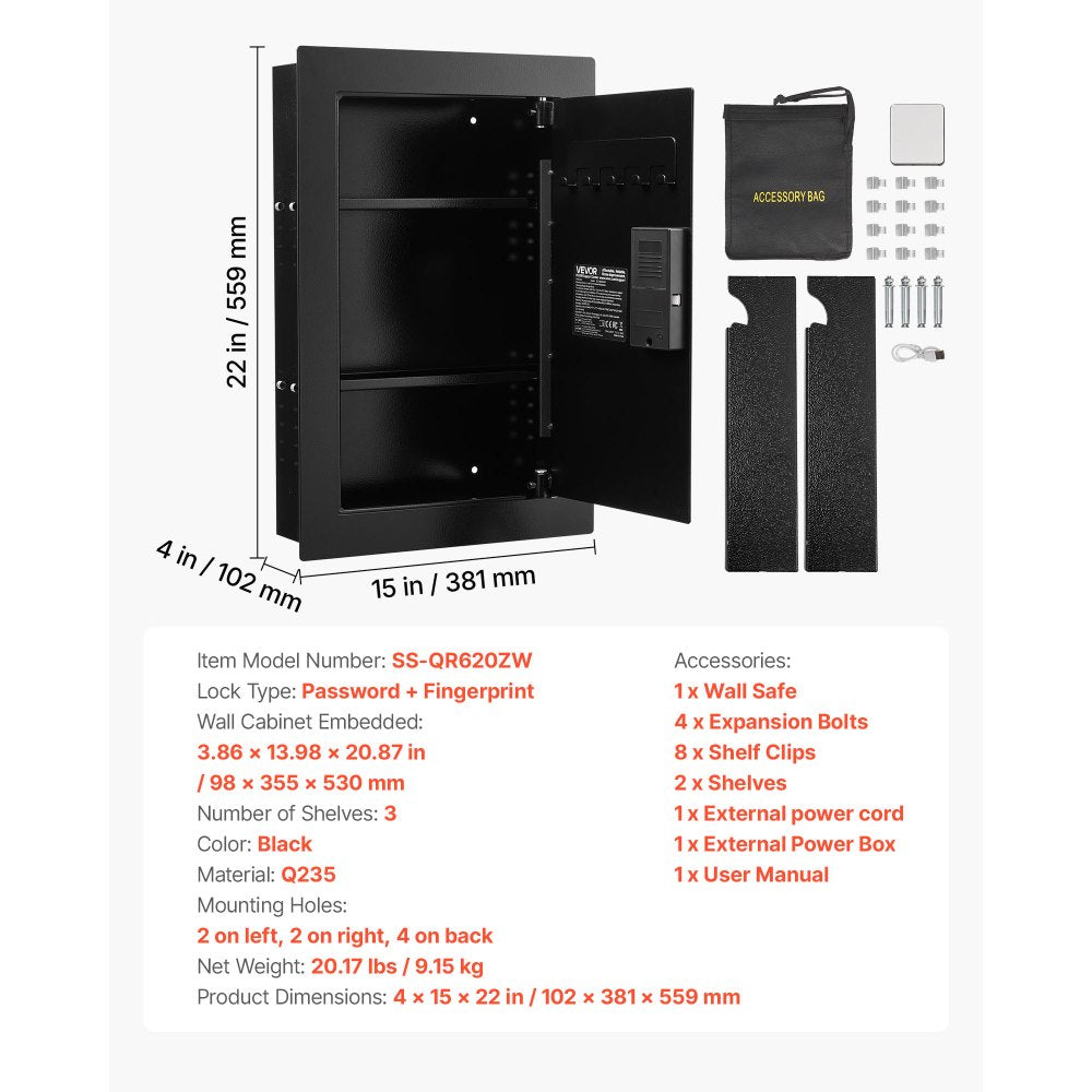 VEVOR Wall Safe, 3-Tier Hidden Wall Safe with Fingerprint, Password, Key & Turning Knob, Q235 Cold-Rolled Steel In-Wall Box with Adjustable Shelves & Key Holders for Money, Jewelry, Passport, Document