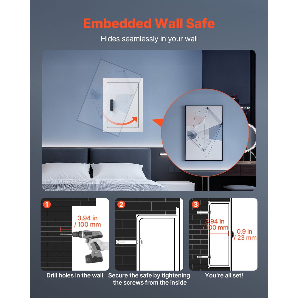 VEVOR 0.83 sq.ft Wall Safe, 3-Tier Hidden Wall Safe with Password, Key & Turning Knob, Q235 Cold-Rolled Steel In-Wall Box with Adjustable Shelves & Mounting Holes for Money, Jewelry, Passport, White