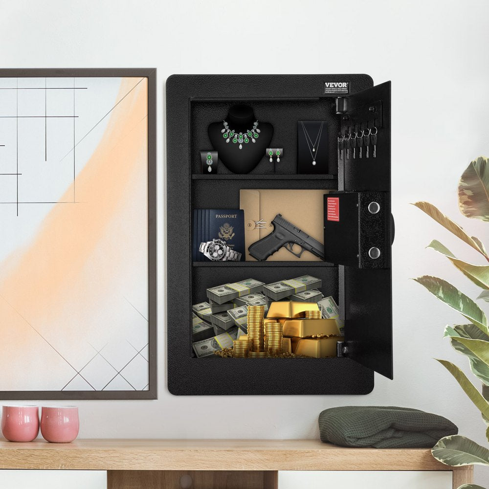 VEVOR 25.59" Tall Wall Safe, 3-Tier Hidden Wall Safe with Keypad, 3 Removable Shelves & 6 Key Holders, Q235 Cold-Rolled Steel In Wall Safe with LED Light & Vibration Alarm for Money, Jewelry, Passport