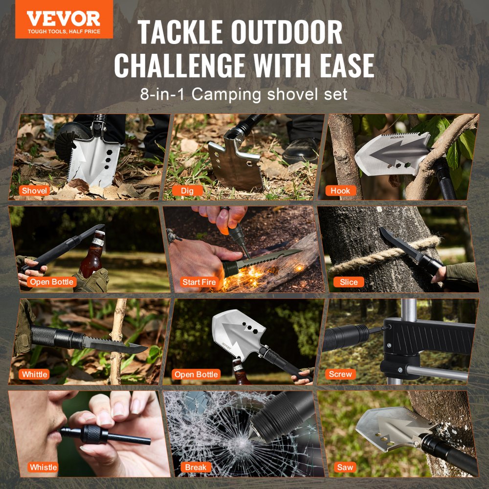 VEVOR Survival Shovel, 8 in 1 Camping Shovel Folding Multitool, Military Grade Portable Compact Tactical Shovel, Multifunction for Off-Roading, Camping, Hiking, Outdoor, Survivalist and Emergency