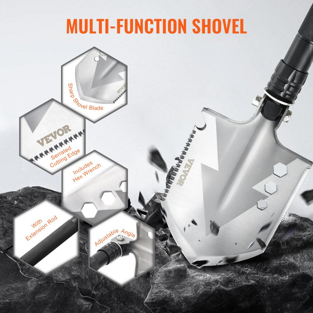 VEVOR Survival Shovel, 8 in 1 Camping Shovel Folding Multitool, Military Grade Portable Compact Tactical Shovel, Multifunction for Off-Roading, Camping, Hiking, Outdoor, Survivalist and Emergency
