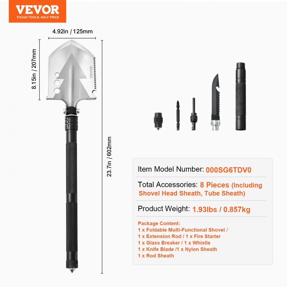 VEVOR Survival Shovel, 8 in 1 Camping Shovel Folding Multitool, Military Grade Portable Compact Tactical Shovel, Multifunction for Off-Roading, Camping, Hiking, Outdoor, Survivalist and Emergency