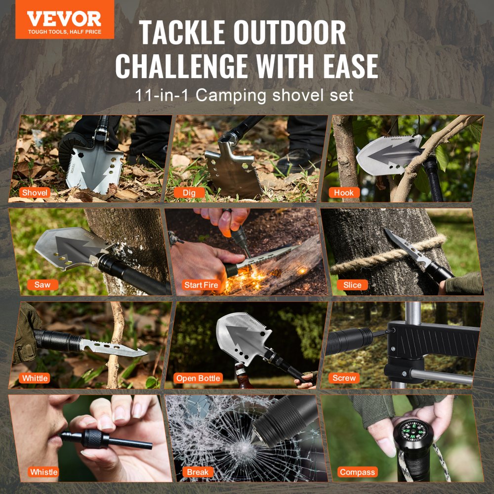 VEVOR Survival Shovel, 11 in 1 Camping Shovel Folding Multitool, Military Grade Portable Compact Tactical Shovel, Multifunction for Off-Roading, Camping, Hiking, Outdoor, Survivalist and Emergency