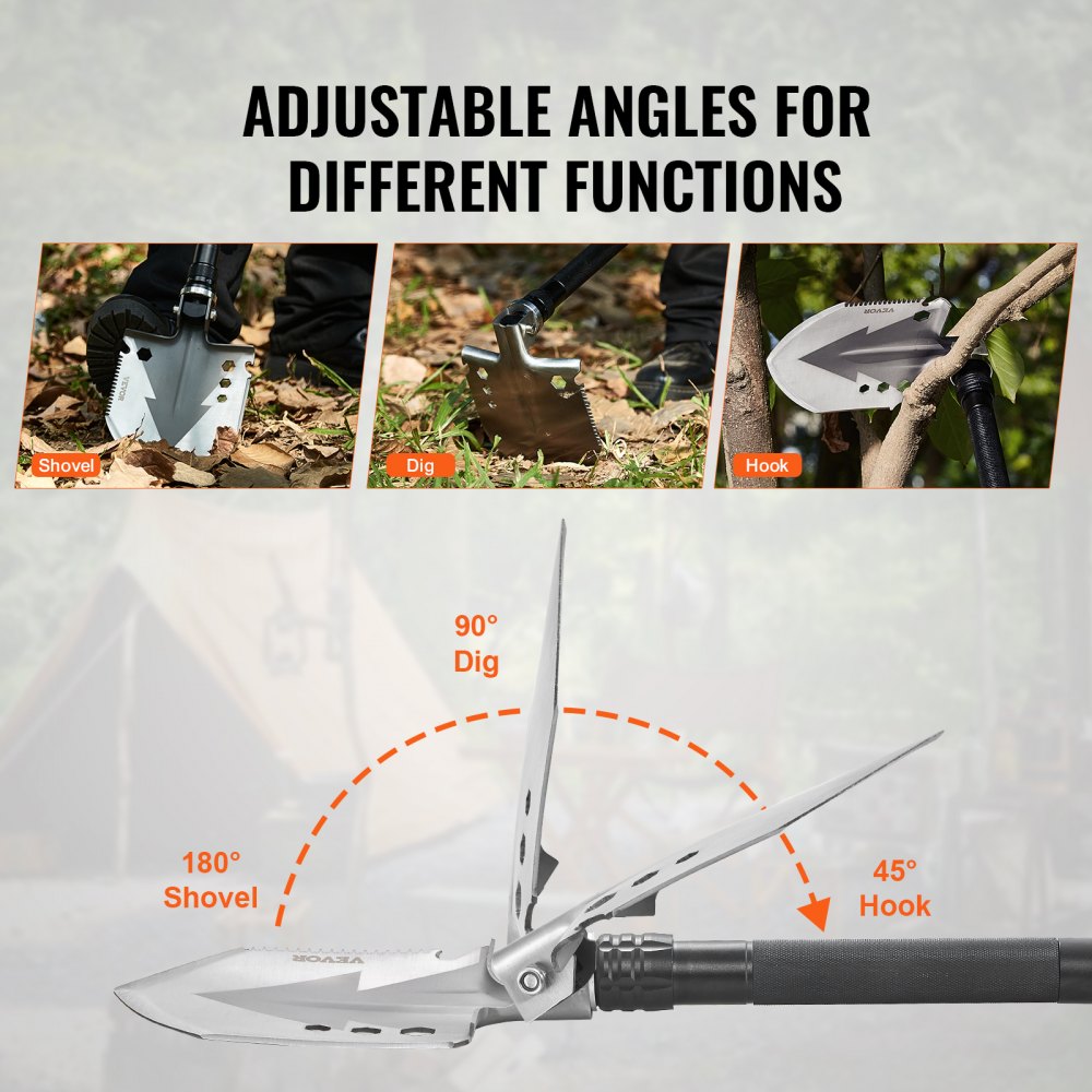 VEVOR Survival Shovel, 11 in 1 Camping Shovel Folding Multitool, Military Grade Portable Compact Tactical Shovel, Multifunction for Off-Roading, Camping, Hiking, Outdoor, Survivalist and Emergency