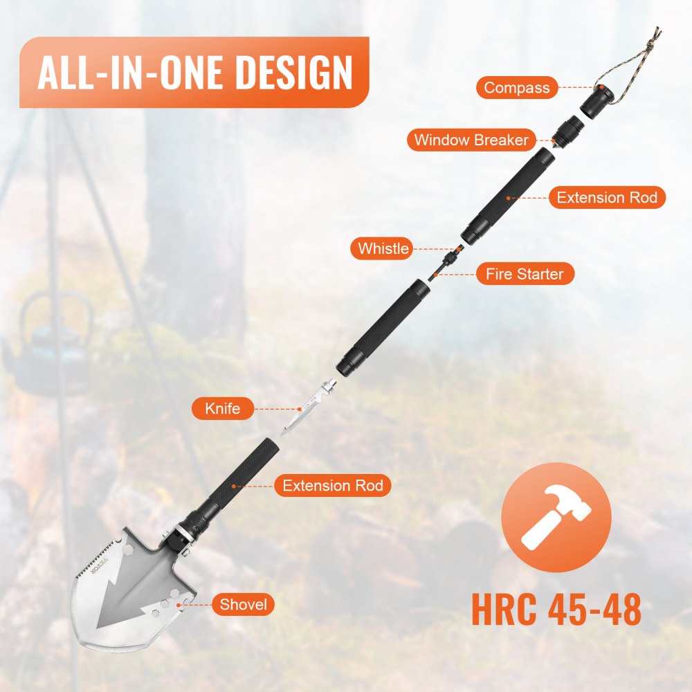 VEVOR Survival Shovel, 11 in 1 Camping Shovel Folding Multitool, Military Grade Portable Compact Tactical Shovel, Multifunction for Off-Roading, Camping, Hiking, Outdoor, Survivalist and Emergency