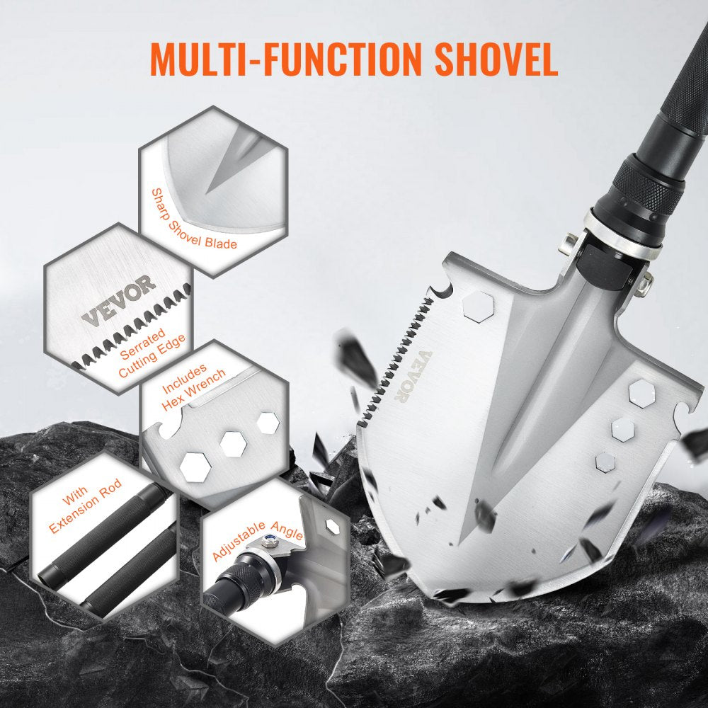 VEVOR Survival Shovel, 13 in 1 Camping Shovel Folding Multitool, Military Grade Portable Compact Tactical Shovel, Multifunction for Off-Roading, Camping, Hiking, Outdoor, Survivalist and Emergency