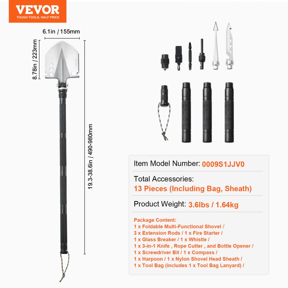 VEVOR Survival Shovel, 13 in 1 Camping Shovel Folding Multitool, Military Grade Portable Compact Tactical Shovel, Multifunction for Off-Roading, Camping, Hiking, Outdoor, Survivalist and Emergency