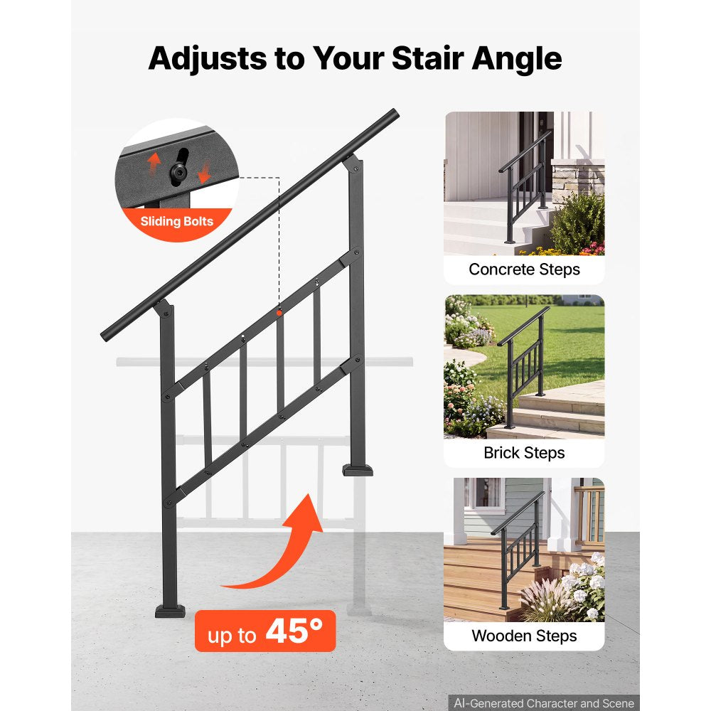VEVOR Handrails for Outdoor Steps, 2-3 Step Stair Hand Rail Kit, Black, Flat Tube Stair Rails with Crossbar, for Seniors, Concrete Steps, Porch & Deck, Galvanized Steel Railings w/ Installation Kit