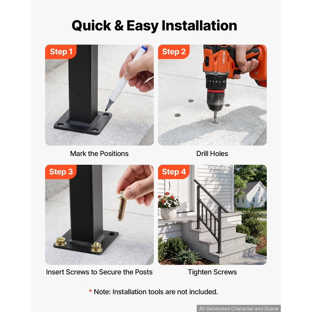 VEVOR Handrails for Outdoor Steps, 2-3 Step Stair Hand Rail Kit, Black, Flat Tube Stair Rails with Crossbar, for Seniors, Concrete Steps, Porch & Deck, Galvanized Steel Railings w/ Installation Kit