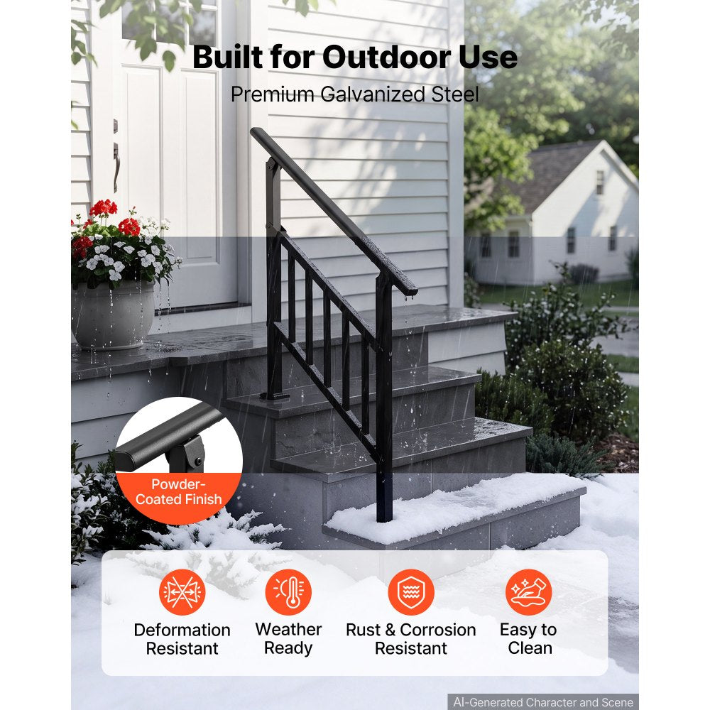VEVOR Handrails for Outdoor Steps, 2-3 Step Stair Hand Rail Kit, Black, Flat Tube Stair Rails with Crossbar, for Seniors, Concrete Steps, Porch & Deck, Galvanized Steel Railings w/ Installation Kit
