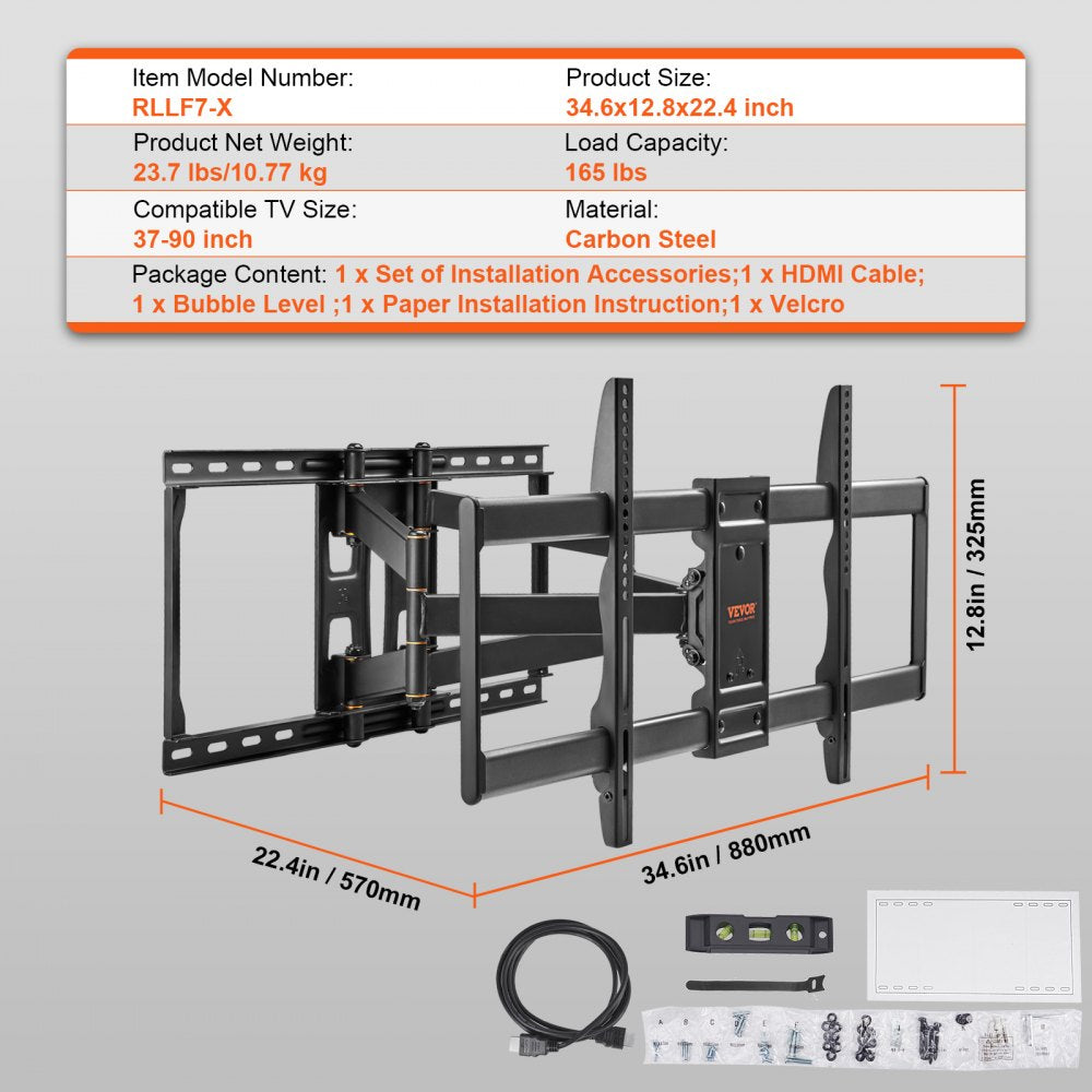 VEVOR Full Motion TV Mount Fits for Most 37-90 inch TVs, Swivel Tilt Horizontal Adjustment TV Wall Mount Bracket with 4 Articulating Arms, Max VESA 600x400mm, Holds up to 165 lbs