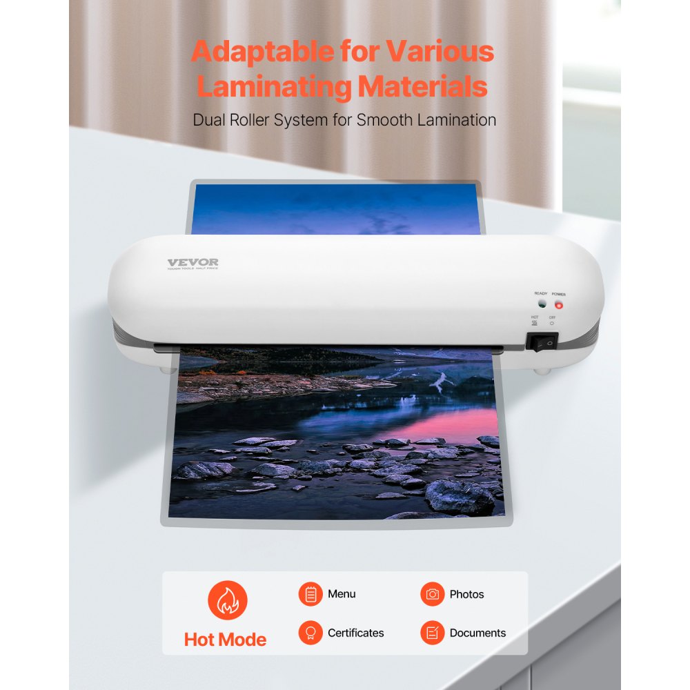 VEVOR Laminator Machine, Thermal Laminator for Max A4 Paper Size, 3-4 min Quick Warm Portable Laminator, 3-5 mil Thickness, Ideal for Home, Office, Business, or School Supplies, White + Grey