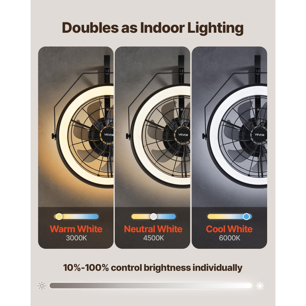 VEVOR Wall Mounted Fan with Lights, 22 inch Wall Mount Fan with Remote, 6 Speeds Plug in Wall Fan, Reversible, Dimmable 3-color Lighting, Timer, 360°Adjustable Tilt for Workshop, Patio, Home
