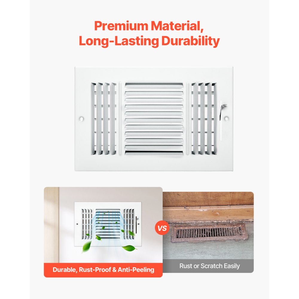 VEVOR 6 x 10 Inch Floor Registers, 6-Pack Floor Vents, HVAC 3-Direction Iron Vent Grilles for Home/Office Wall & Ceiling, Rustproof Anti-Peeling Air Vents Deflector Adjustable with Metal Damper, White