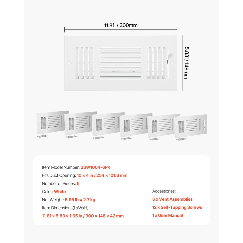 VEVOR 4 x 10 Inch Floor Registers, 6-Pack Floor Vents, HVAC 3-Direction Iron Vent Grilles for Home/Office Wall & Ceiling, Rustproof Anti-Peeling Air Vents Deflector Adjustable with Metal Damper, White