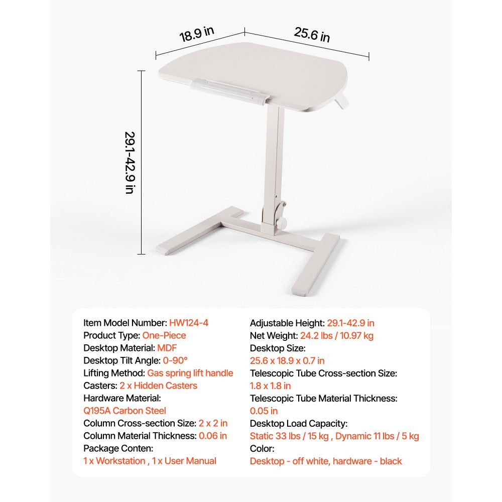 VEVOR Standing Desk, Adjustable Height Mobile Stand Up Desk with Tilting Desktop, 25.6 x 19 in Small Computer Sit Stand Workstation, 33 lbs Capacity, Pneumatic Lift for Home Office, Fully Assembled