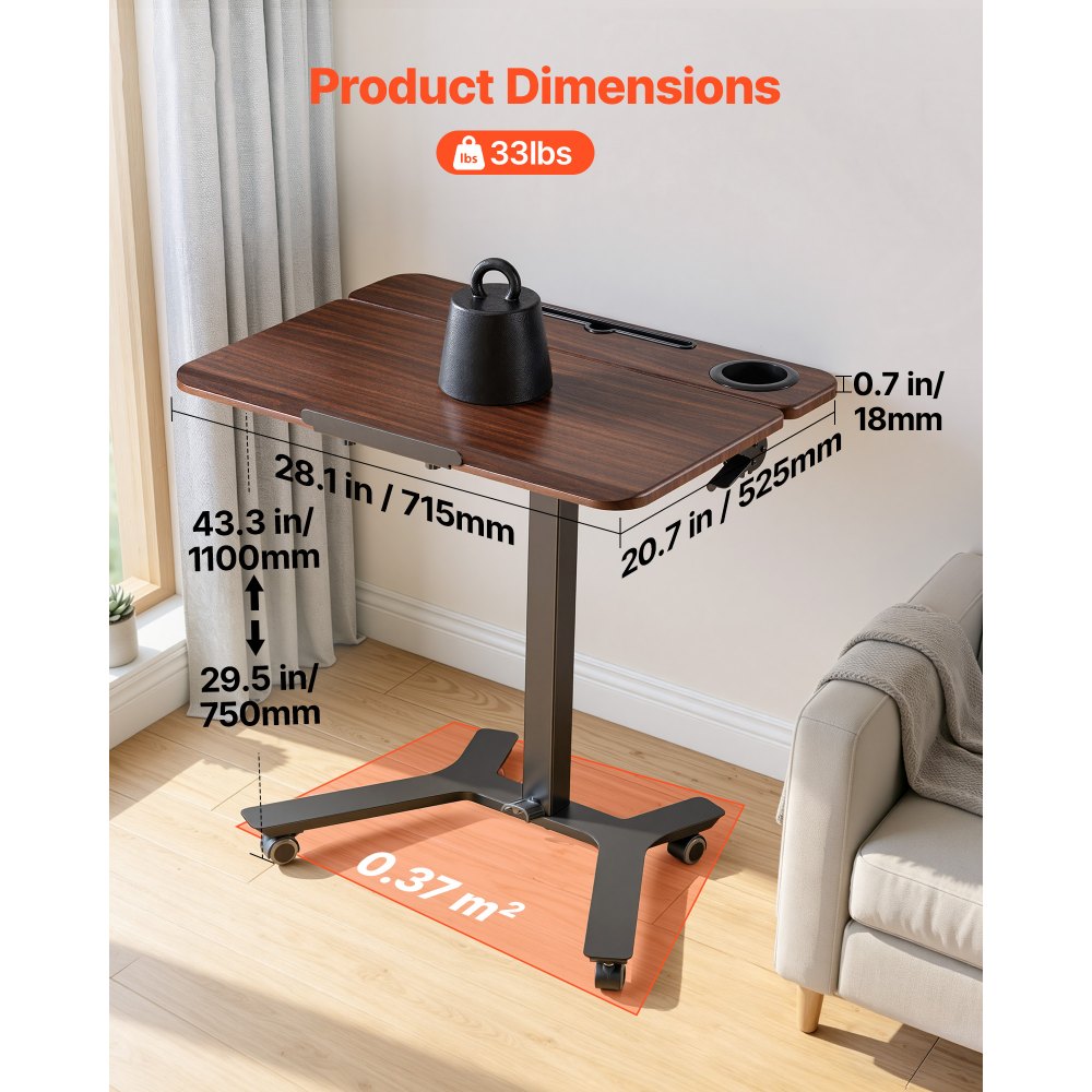 VEVOR Standing Desk, Adjustable Height Mobile Stand Up Desk with Tilting Desktop, 28.2 x 20.7 in Small Computer Sit Stand Workstation, 33 lbs Capacity, Foot Pedal Pneumatic Lift for Home, Office
