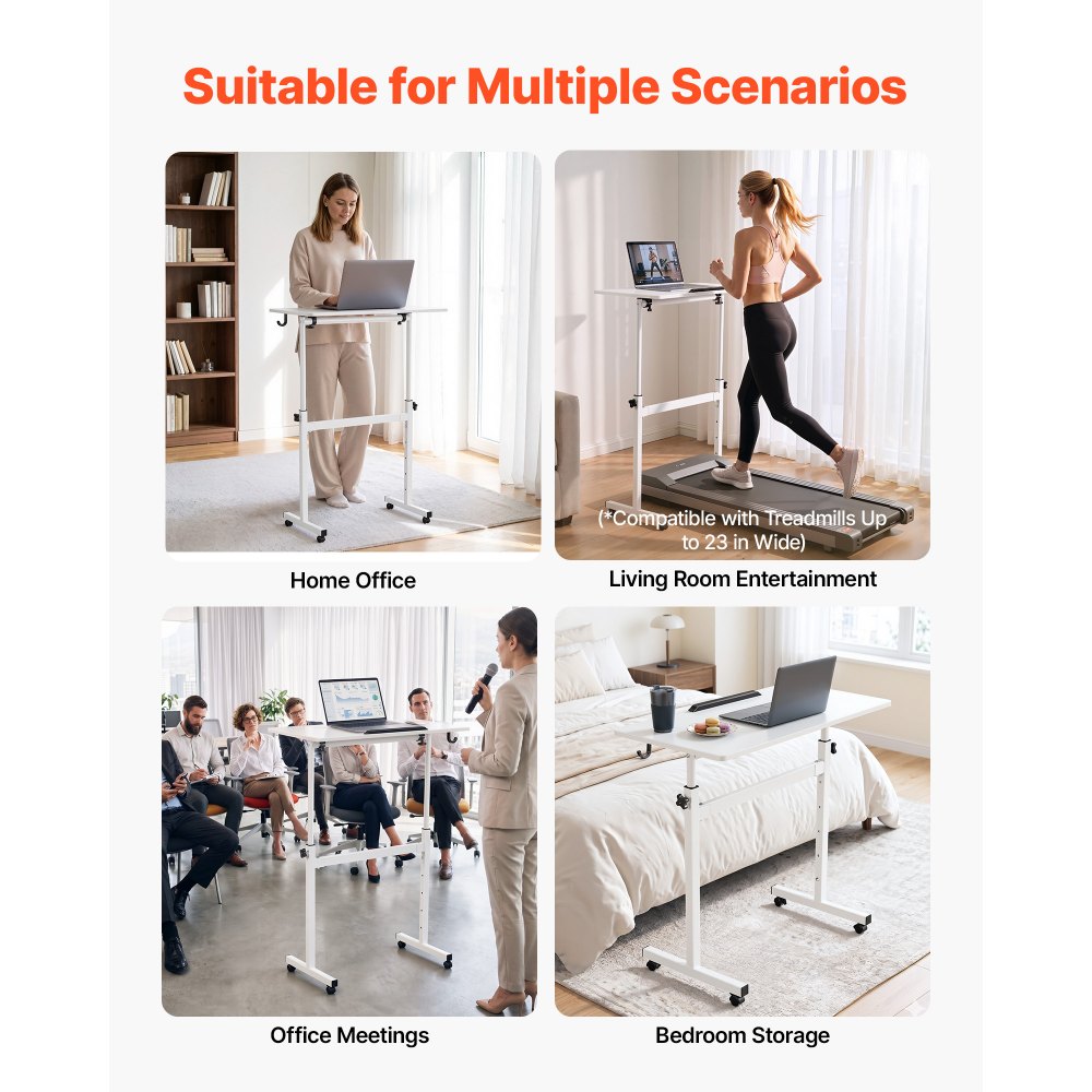VEVOR Standing Desk, Adjustable Height Mobile Stand Up Desk 360° Tilting Desktop, 32 x 16 in Small Computer Sit Stand Rolling Workstation w/ Hook, Lockable Casters, 55.1 lbs Capacity for Home Office