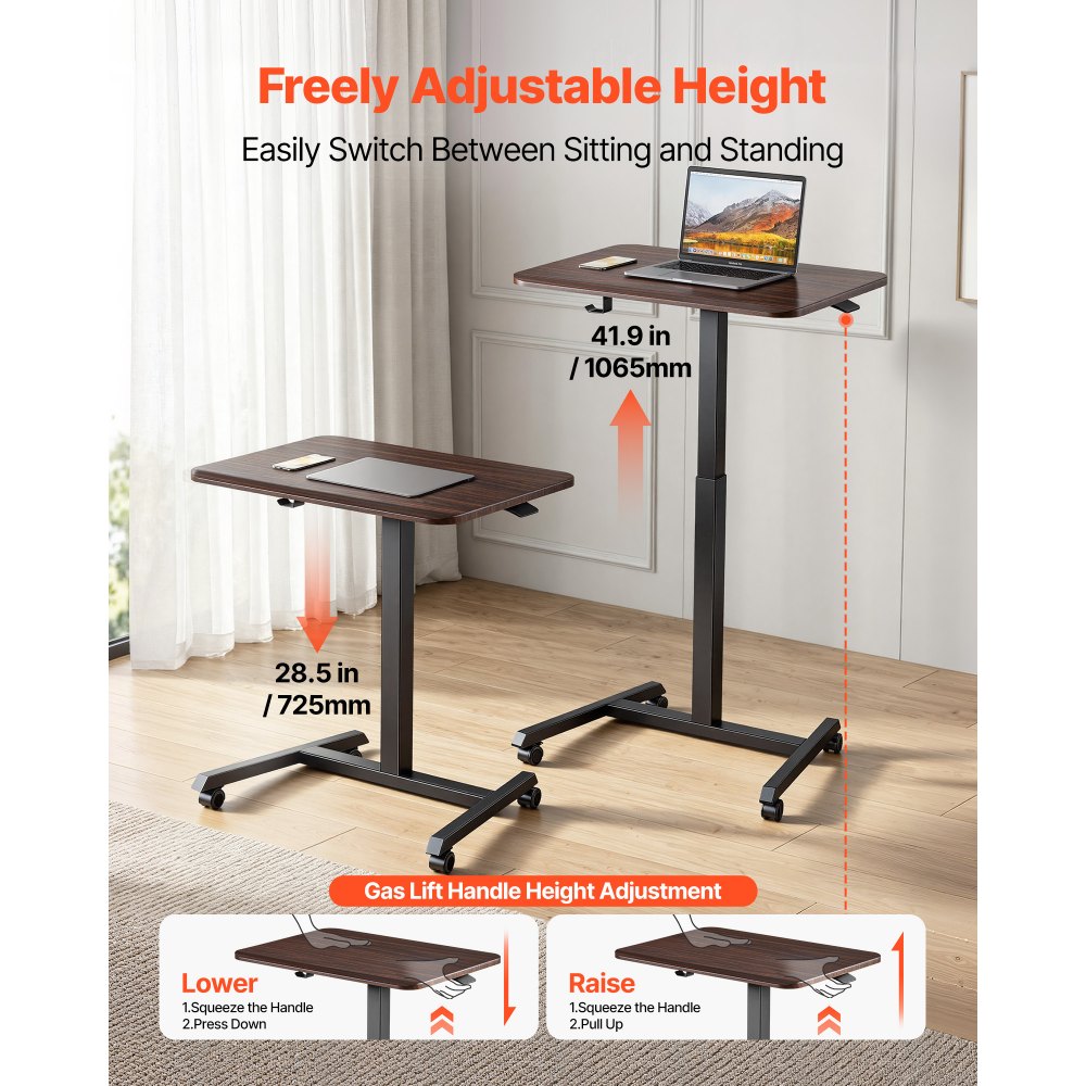 VEVOR Standing Desk, Adjustable Height Mobile Stand Up Desk with 4 Casters, 25.6 x 19 in Small Computer Sit Stand Rolling Workstation with Hook, 33 lbs Desktop Capacity, Ideal for Home Office, Brown