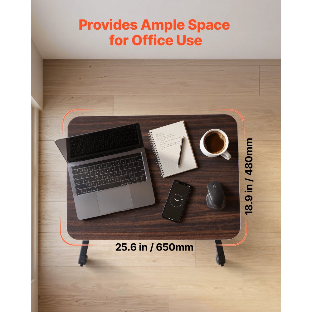 VEVOR Standing Desk, Adjustable Height Mobile Stand Up Desk with 4 Casters, 25.6 x 19 in Small Computer Sit Stand Rolling Workstation with Hook, 33 lbs Desktop Capacity, Ideal for Home Office, Brown