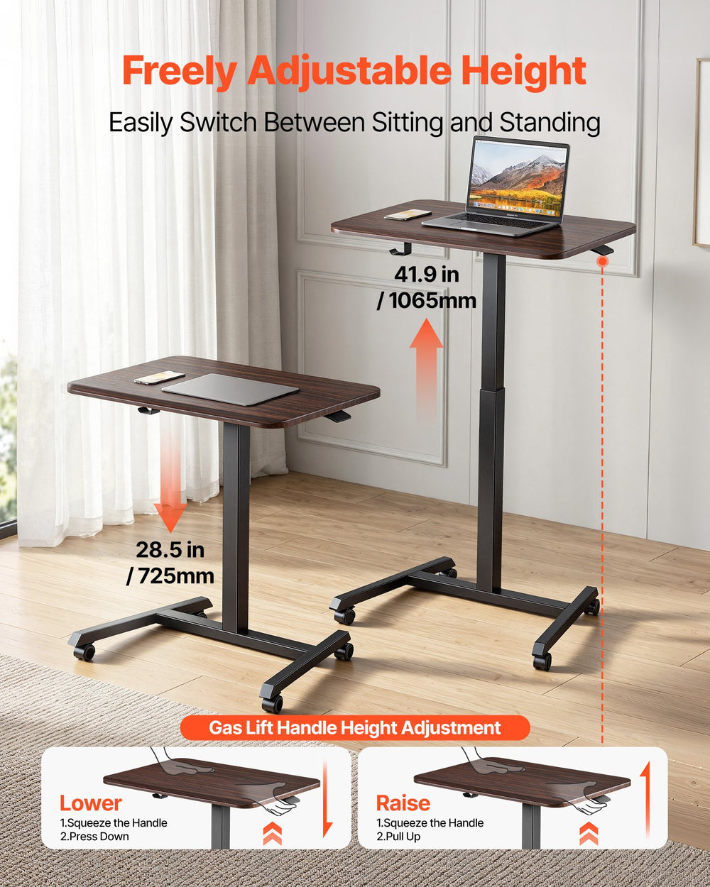 VEVOR Standing Desk, Adjustable Height Mobile Stand Up Desk with 4 Casters, 25.6 x 19 in Small Computer Sit Stand Rolling Workstation with Hook, 33 lbs Desktop Capacity, Ideal for Home Office, Brown