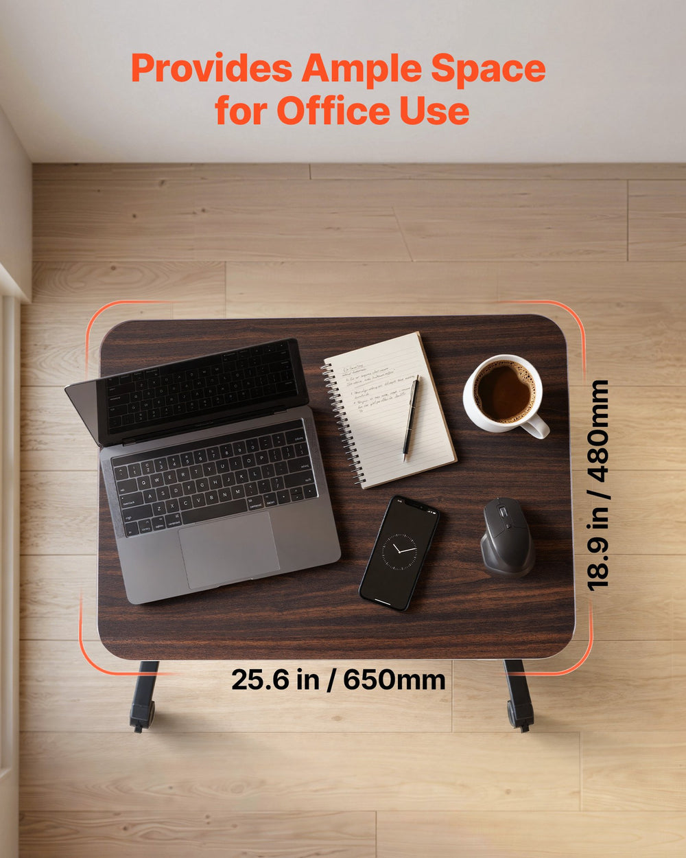 VEVOR Standing Desk, Adjustable Height Mobile Stand Up Desk with 4 Casters, 25.6 x 19 in Small Computer Sit Stand Rolling Workstation with Hook, 33 lbs Desktop Capacity, Ideal for Home Office, Brown