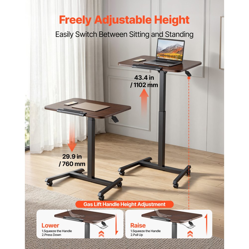 VEVOR Standing Desk, Adjustable Height Mobile Stand Up Desk with Tilting Desktop, 25.6 x 19 in Small Computer Sit Stand Rolling Workstation with 4 Casters, 33 lbs Capacity, Ideal for Home Office