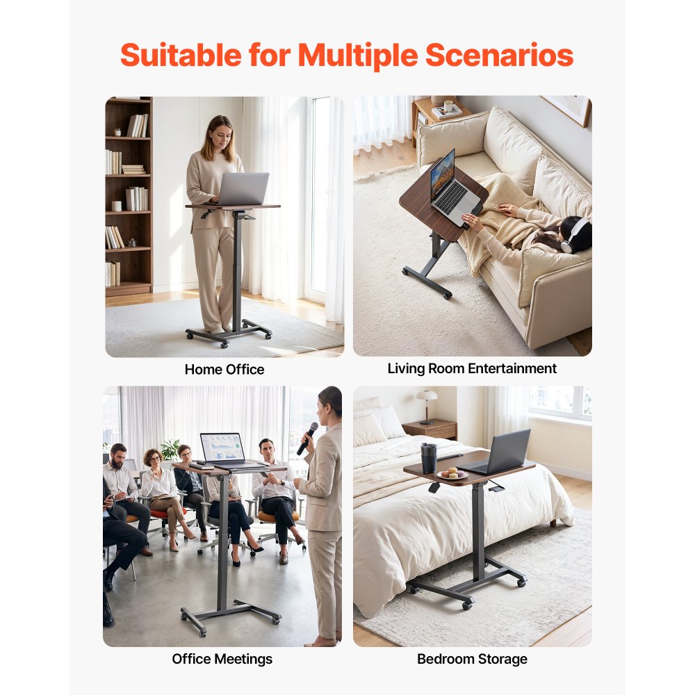 VEVOR Standing Desk, Adjustable Height Mobile Stand Up Desk with Tilting Desktop, 25.6 x 19 in Small Computer Sit Stand Rolling Workstation with 4 Casters, 33 lbs Capacity, Ideal for Home Office
