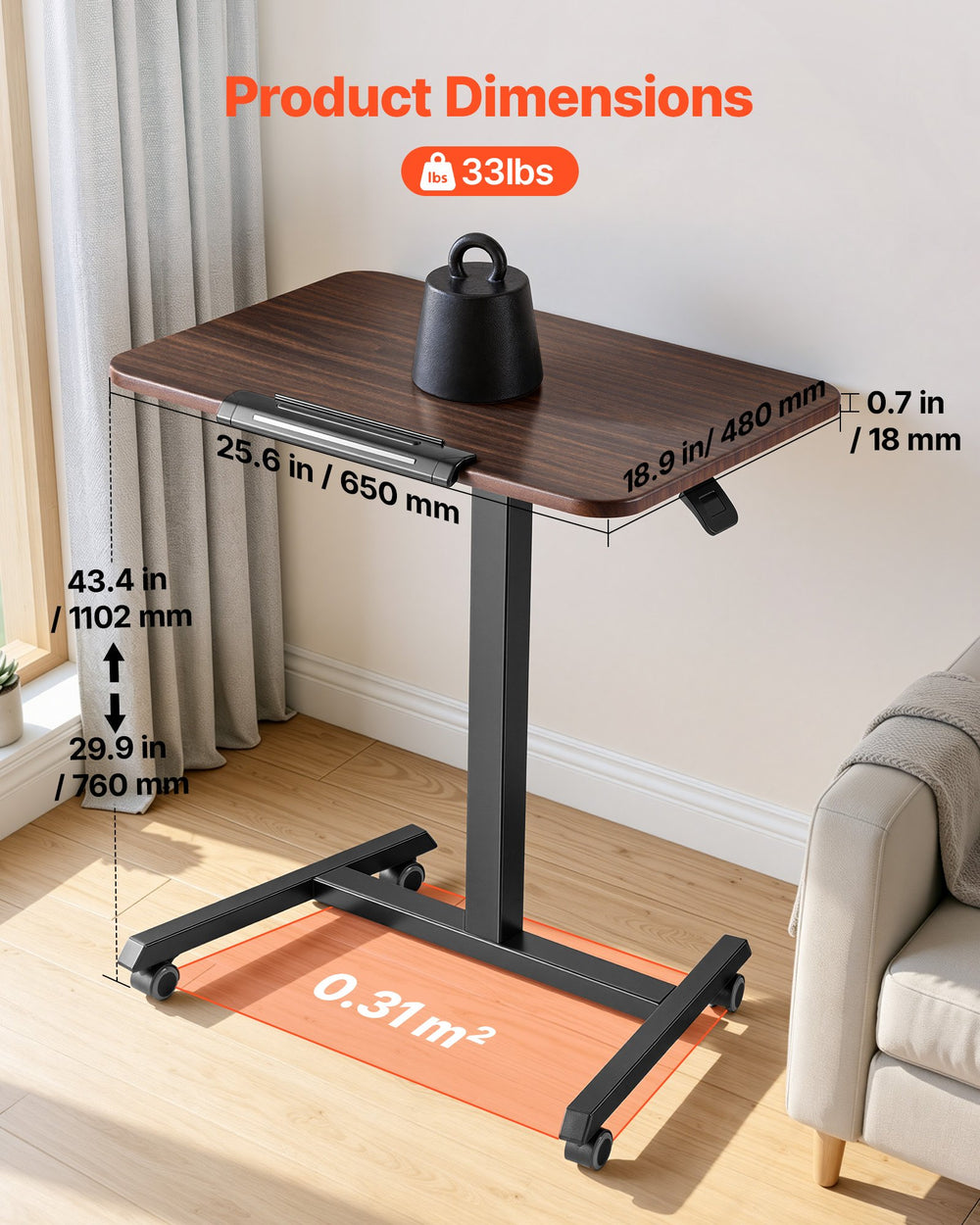 VEVOR Standing Desk, Adjustable Height Mobile Stand Up Desk with Tilting Desktop, 25.6 x 19 in Small Computer Sit Stand Rolling Workstation with 4 Casters, 33 lbs Capacity, Ideal for Home Office