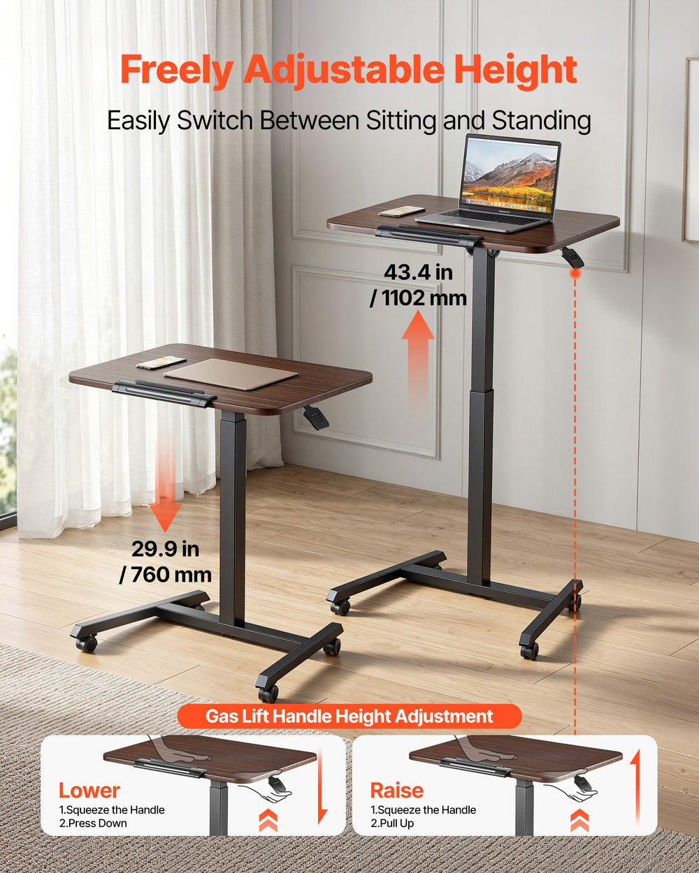 VEVOR Standing Desk, Adjustable Height Mobile Stand Up Desk with Tilting Desktop, 25.6 x 19 in Small Computer Sit Stand Rolling Workstation with 4 Casters, 33 lbs Capacity, Ideal for Home Office