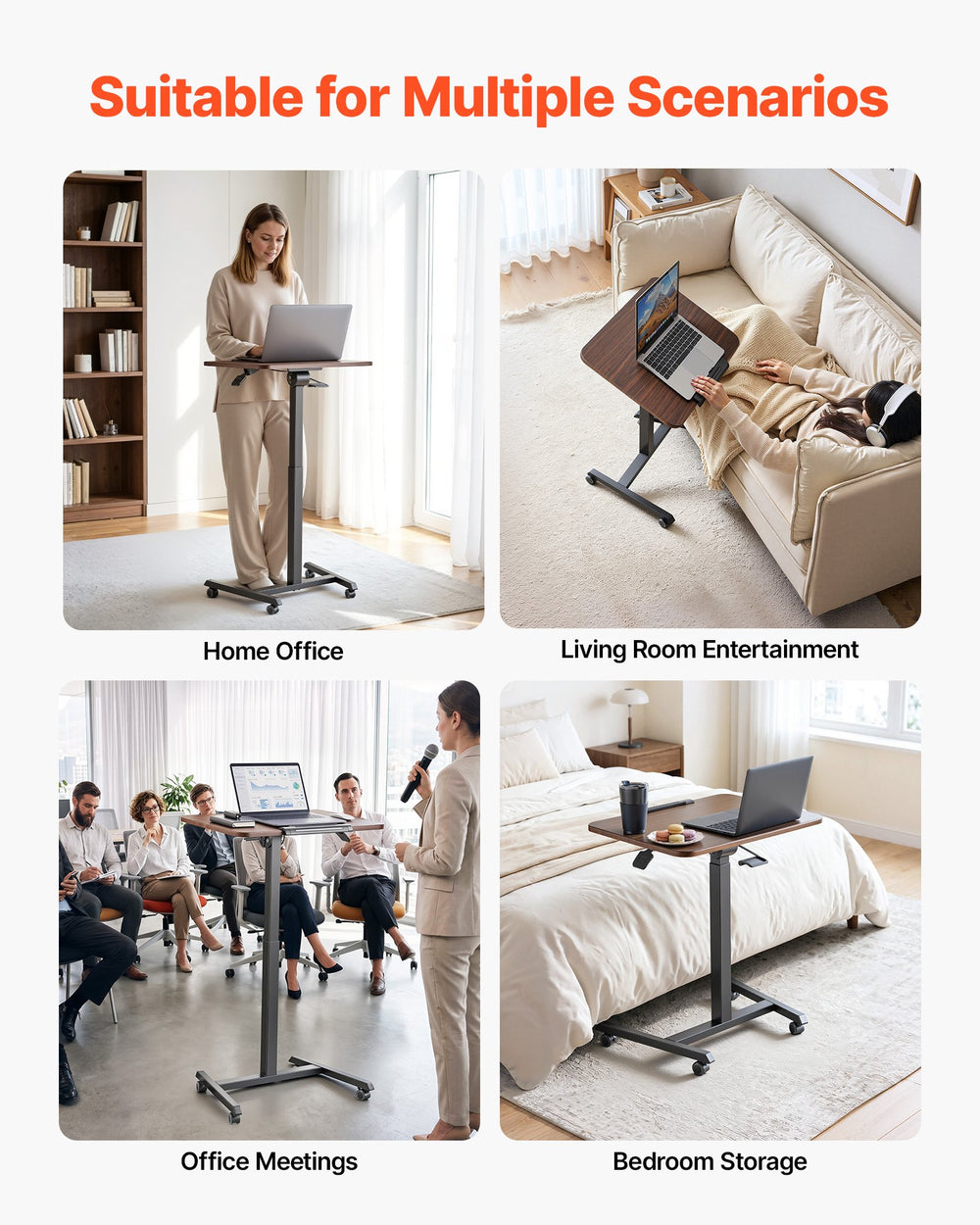VEVOR Standing Desk, Adjustable Height Mobile Stand Up Desk with Tilting Desktop, 25.6 x 19 in Small Computer Sit Stand Rolling Workstation with 4 Casters, 33 lbs Capacity, Ideal for Home Office