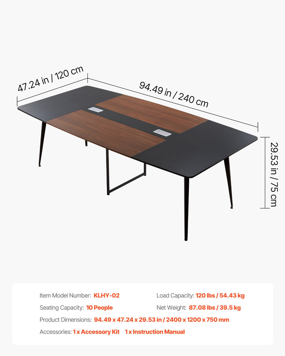 VEVOR Conference Table, 8 ft Boat Shaped Office Meeting Table for 10 Person, Modern Large Boat Meeting Desk with Metal Legs, Ideal for Office, Boardroom, Conference Room, Easy Assembly, Black & Brown
