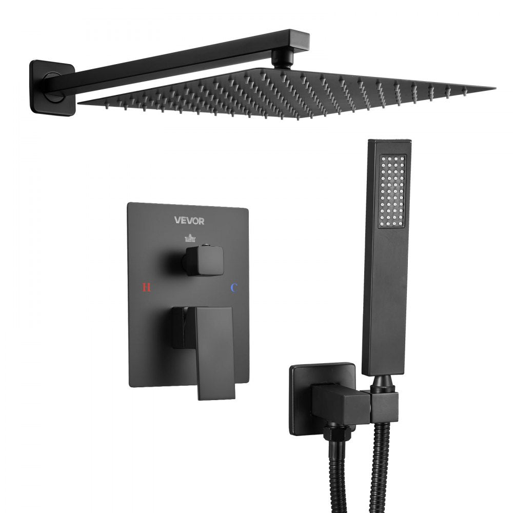 VEVOR Shower Faucet Set, Rainfall Bathroom Shower System with 12-Inch Square Rain Shower Head and Handheld Spray, Wall Mounted Bath Fixtures with Brass Valve and Trim Kit, Matte Black