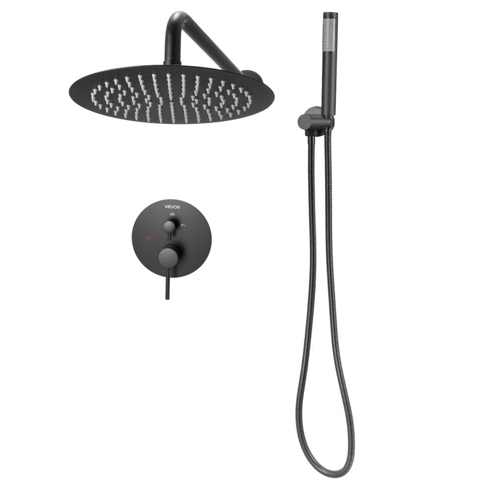 VEVOR Shower Faucet Set, Rainfall Bathroom Shower System with 10-Inch Round Rain Shower Head and Handheld Spray, Wall Mounted Bath Fixtures with Brass Valve and Trim Kit, Matte Black