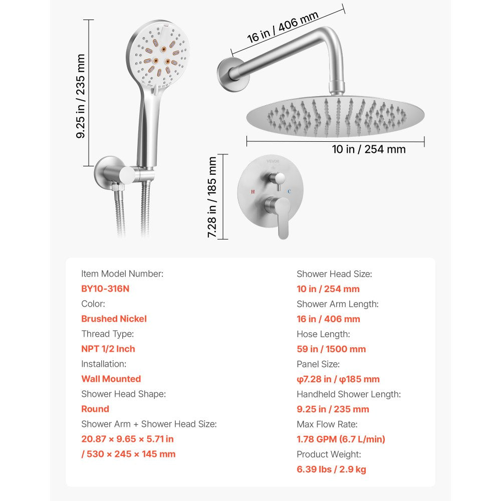 VEVOR Shower Faucet Set, Rainfall Bathroom Shower System with 10-Inch Round Rain Shower Head and Handheld Spray, Wall Mounted Bath Fixtures with Brass Valve and Trim Kit, Brushed Nickel