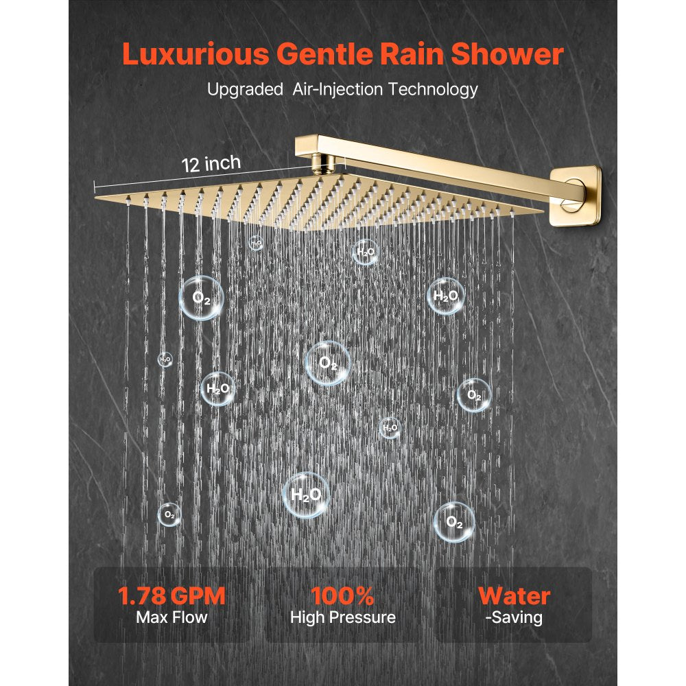 VEVOR Shower Faucet Set, Rainfall Bathroom Shower System with 12-Inch Square Rain Shower Head and Handheld Spray, Wall Mounted Bath Fixtures with Brass Valve and Trim Kit, Brushed Gold